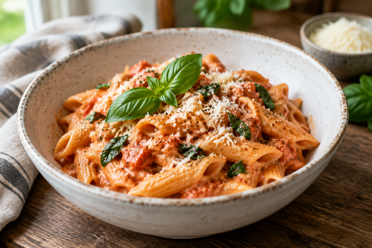 Creamy tomato garlic pasta garnished with basil and parmesan, showcasing creamy tomato garlic pasta