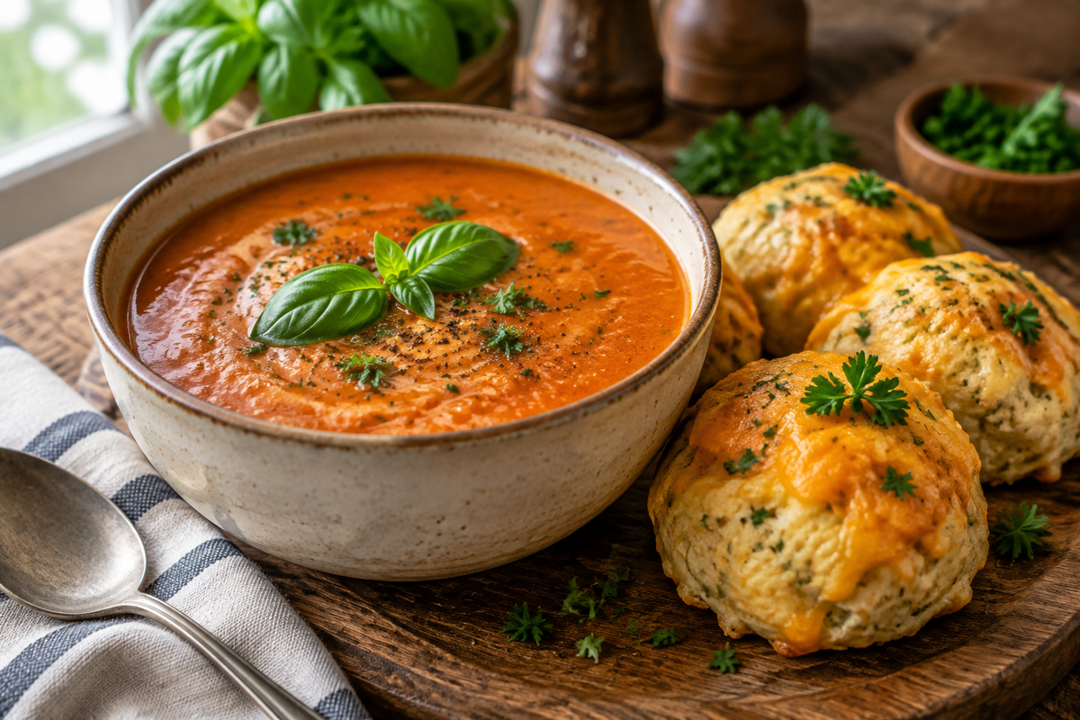 Creamy tomato soup served with cheesy cheddar bay dumplings garnished with fresh herbs