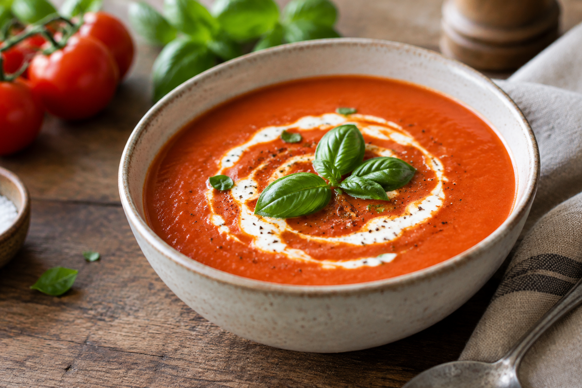 Bowl of creamy tomato soup garnished with basil and cream swirl, showcasing creamy tomato soup