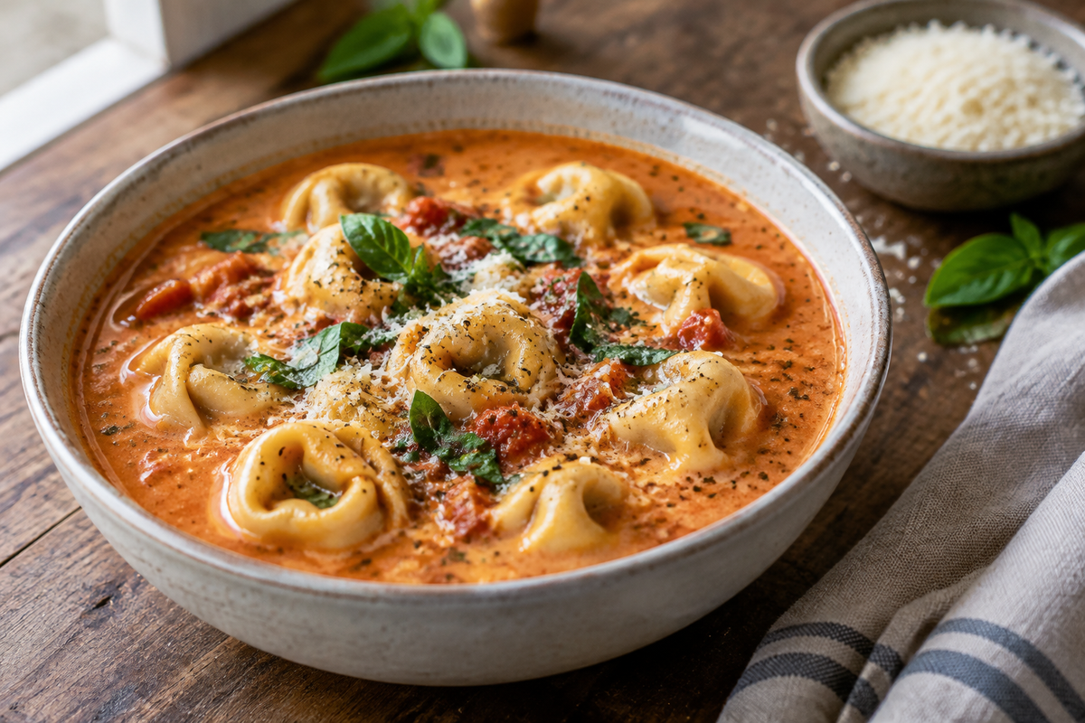 Creamy tomato tortellini soup served in a bowl garnished with fresh herbs and cheese, showcasing the creamy tomato tortellini soup