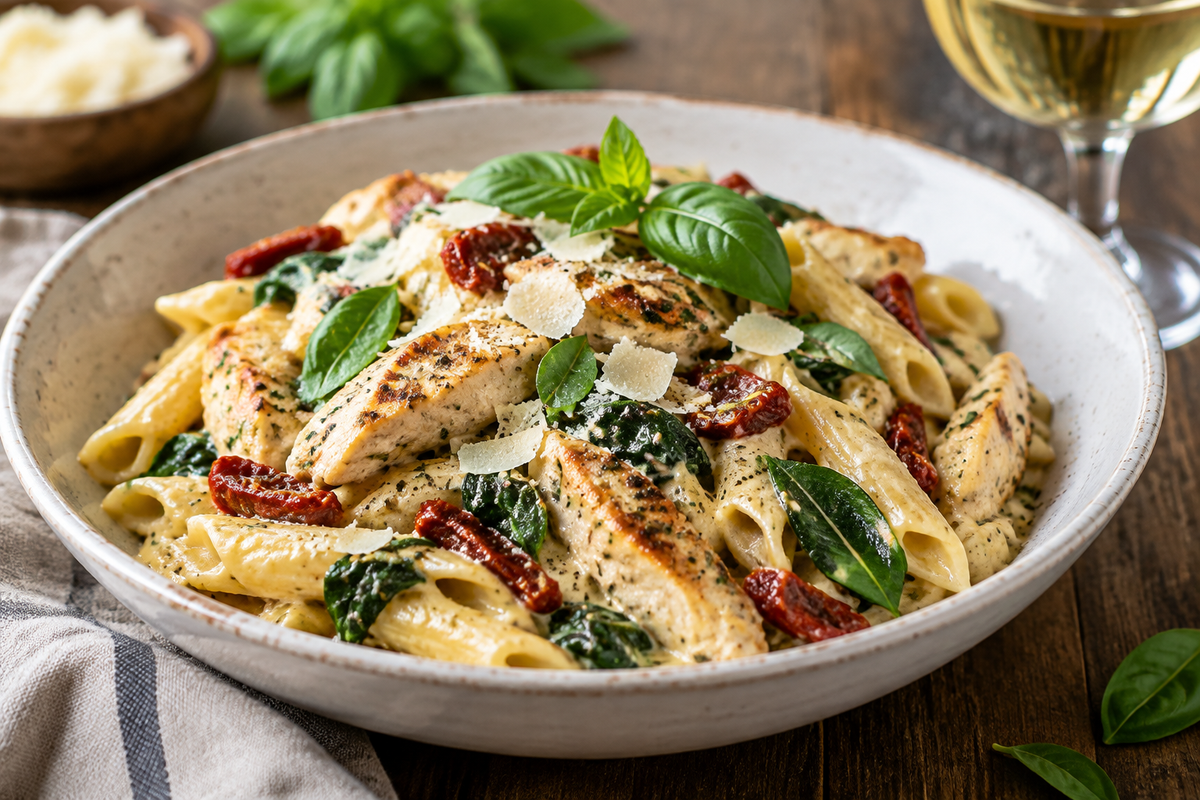 Creamy Tuscan chicken pasta with spinach and sun-dried tomatoes in a white bowl, creamy tuscan chicken pasta