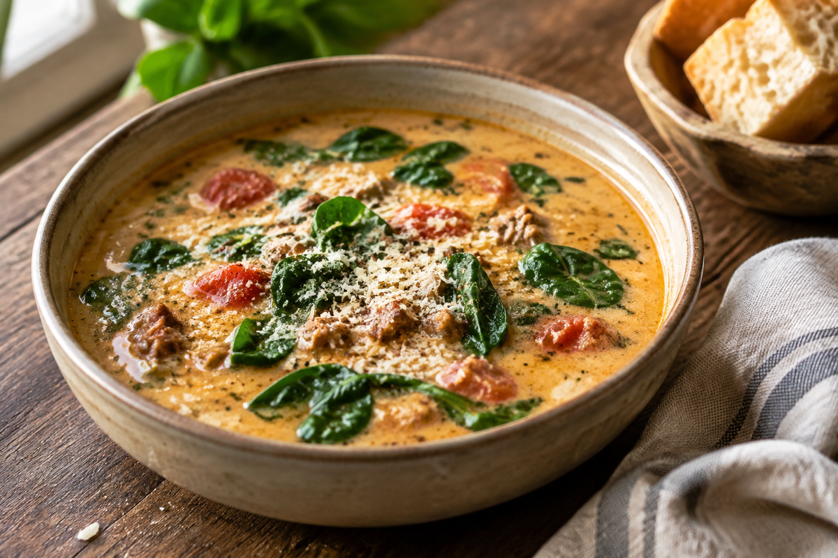 Creamy Tuscan soup garnished with spinach and Parmesan, showcasing creamy tuscan soup