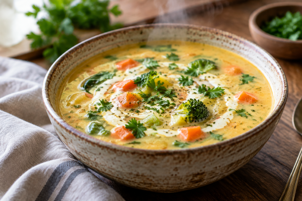 Creamy vegetable soup in rustic bowl garnished with parsley and cream swirl