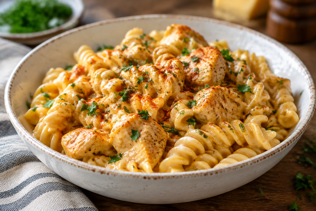 Creamy Velveeta Alfredo chicken rotini with Cajun garlic butter and parsley garnish