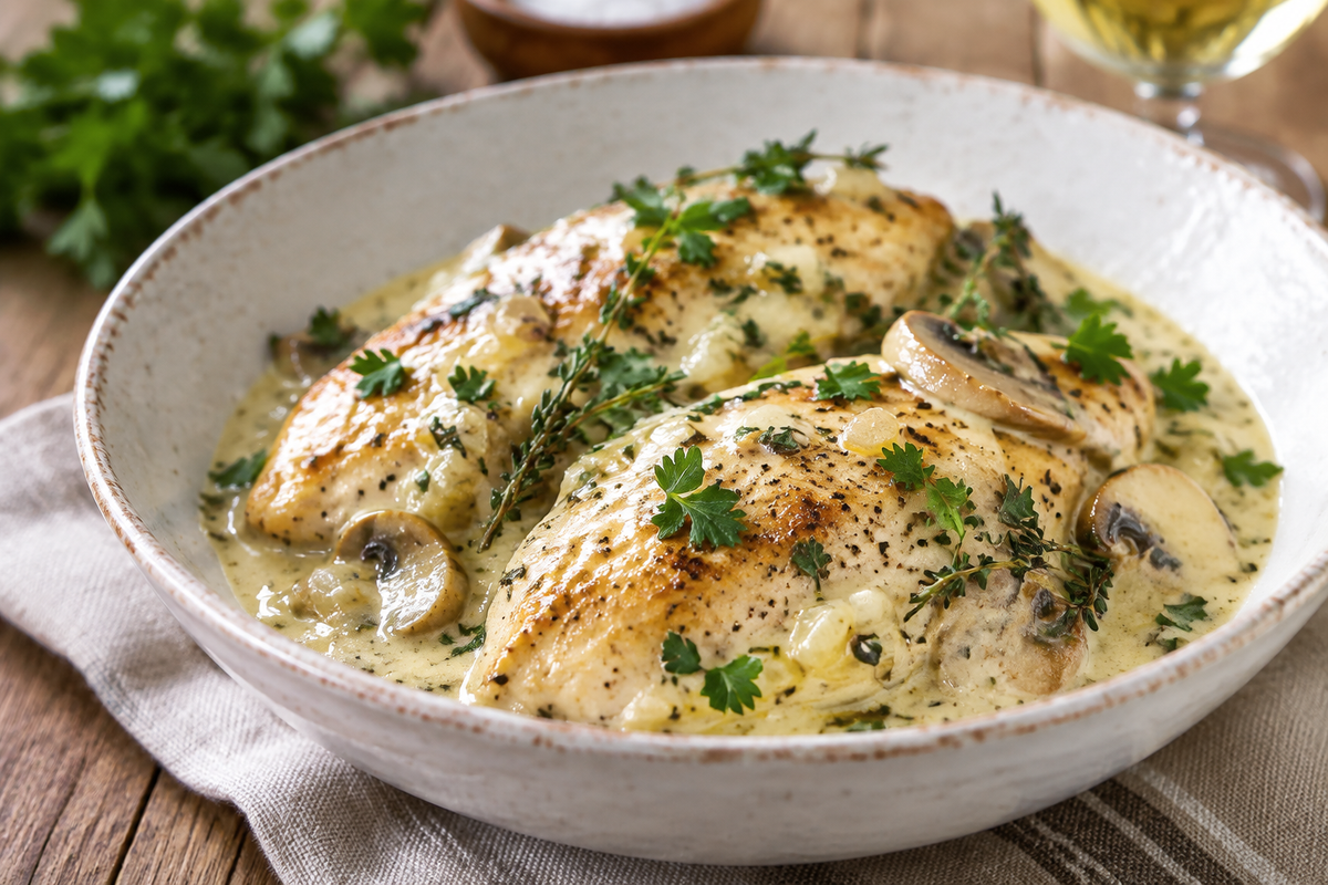 Creamy white wine chicken served in a bowl with fresh parsley garnish