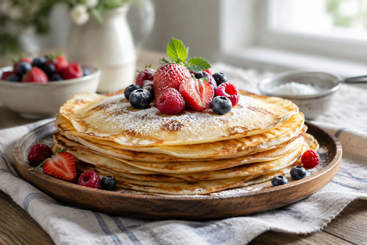 Stack of golden crêpes with fresh berries and powdered sugar, showcasing a perfect crepes recipe