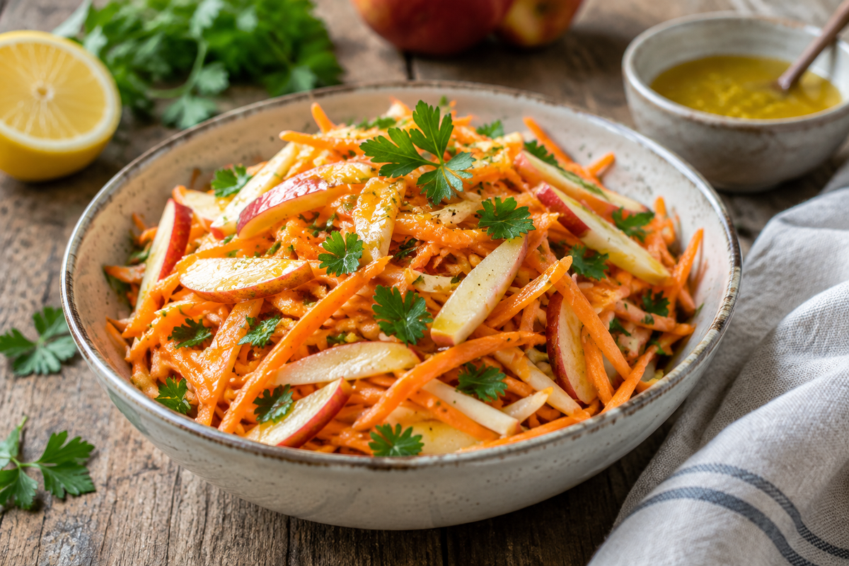 Crisp carrot apple salad with honey-lemon dressing in a rustic bowl garnished with parsley