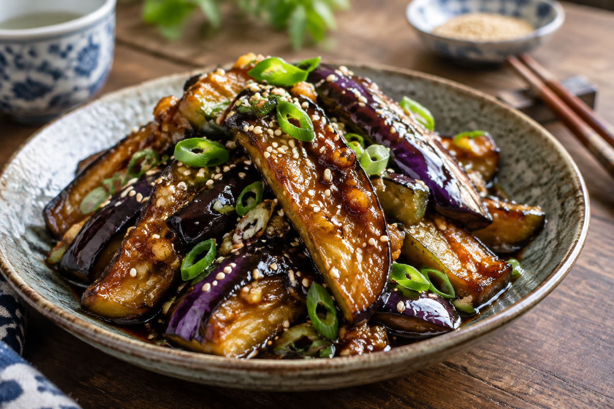 Crispy Chinese eggplant in garlic soy glaze served with sesame seeds and scallions