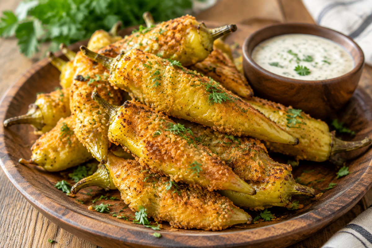 Golden crispy air fryer banana peppers served with dipping sauce, showcasing crispy air fryer banana peppers