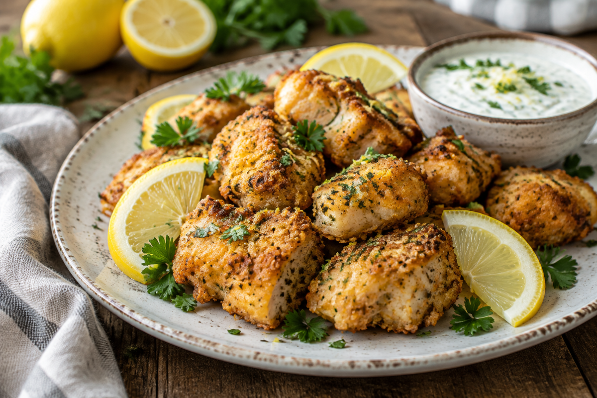 Crispy air fryer lemon chicken bites garnished with lemon slices and parsley