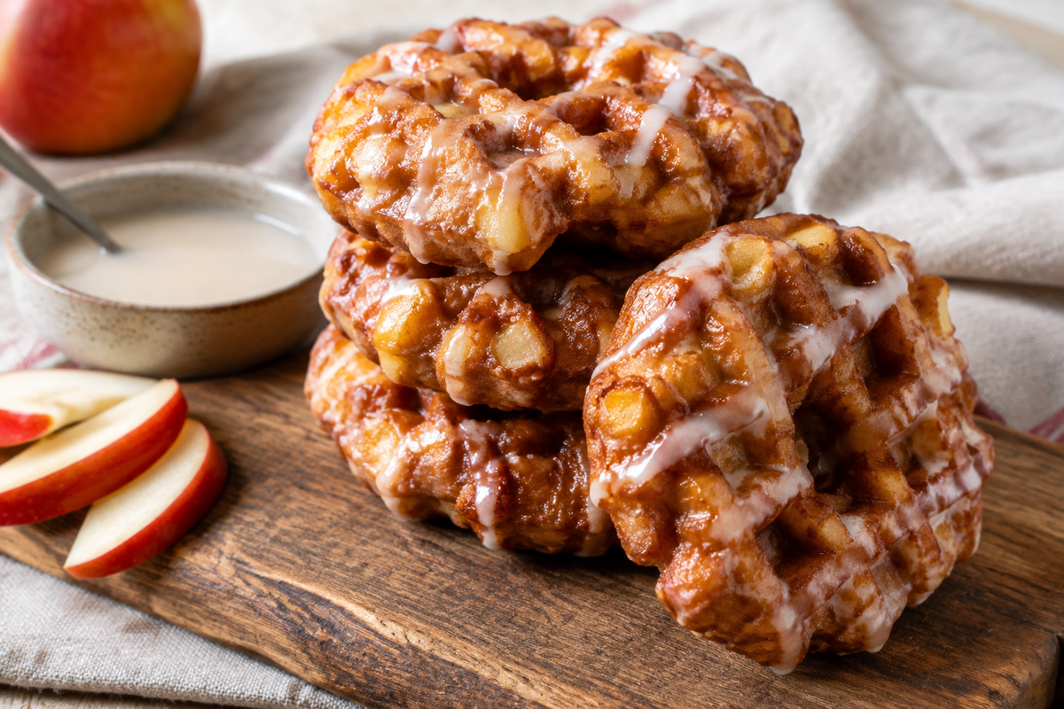 Crispy apple fritter waffle donuts stacked with glaze and apple slices, showing apple fritter waffle donuts texture