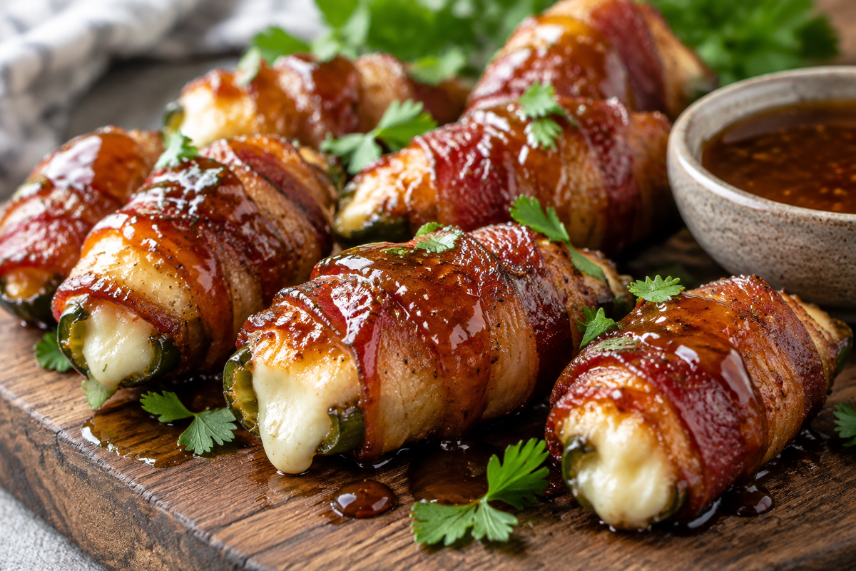 Crispy bacon-wrapped mozzarella poppers drizzled with sweet maple glaze on rustic board