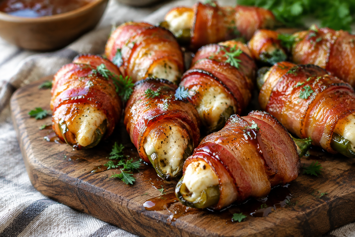 Crispy bacon-wrapped mozzarella poppers drizzled with sweet glaze and garnished with parsley