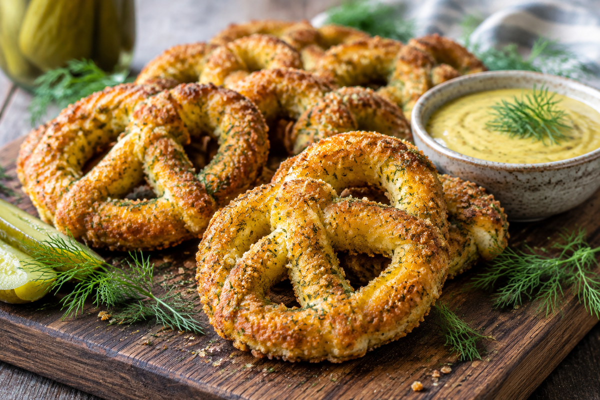 Crispy baked dill pickle pretzels served with mustard dip and dill garnish, perfect baked dill pickle pretzels snack