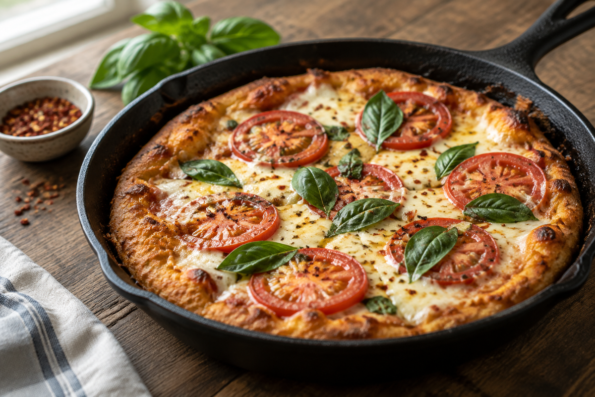 crispy cast iron skillet pizza with golden crust and fresh toppings in a black skillet