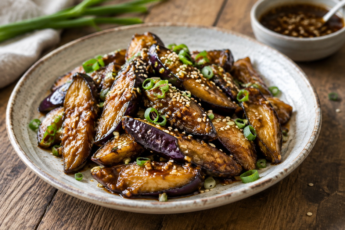 Crispy Chinese eggplant in garlic soy glaze garnished with sesame seeds and green onions