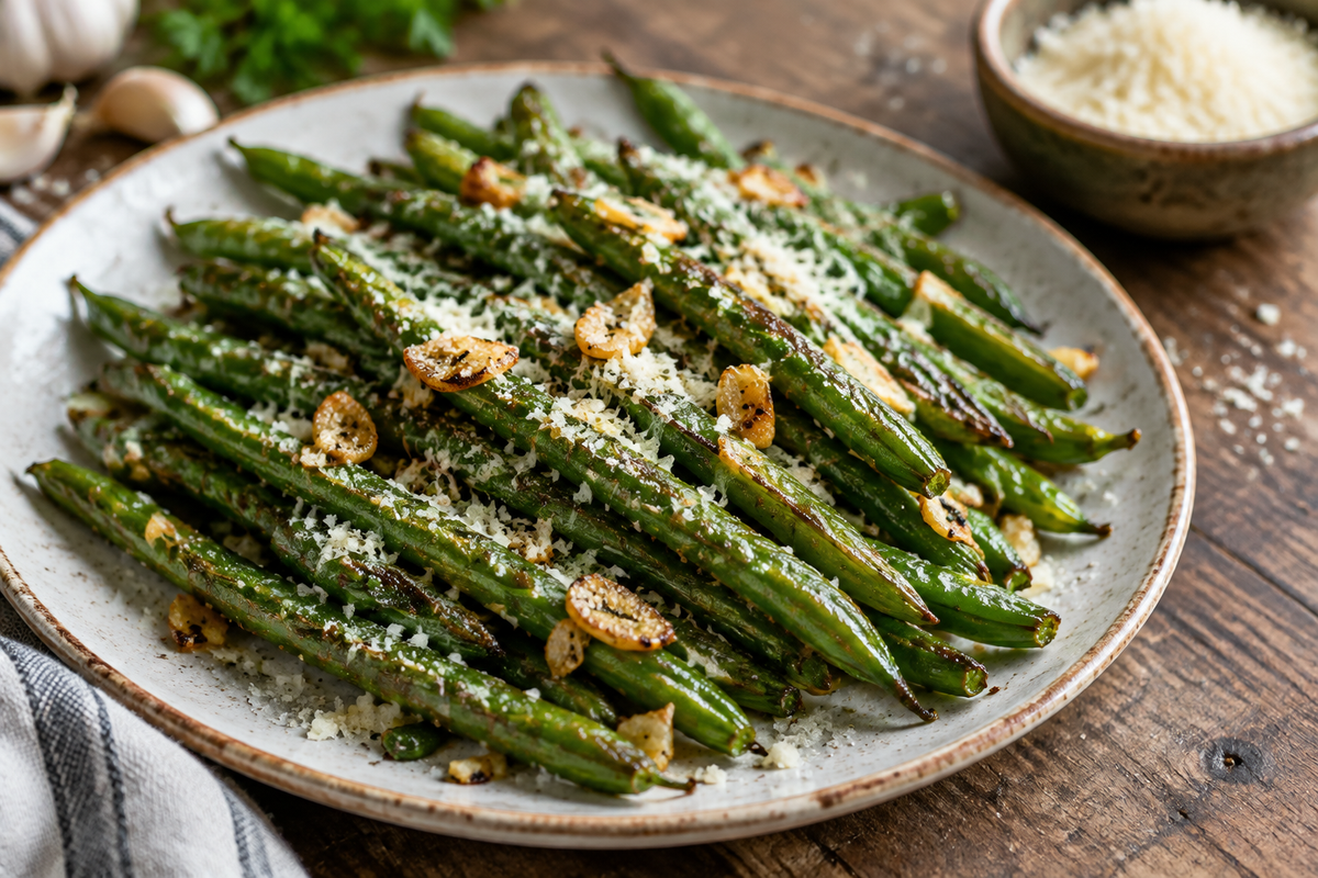 Crispy garlic Parmesan roasted green beans served on a rustic plate, garnished with Parmesan cheese