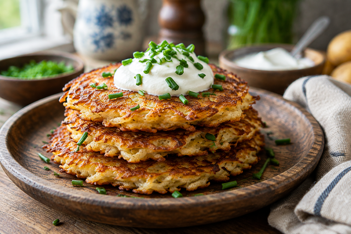 Golden crispy German potato pancakes stacked with sour cream and chives garnish