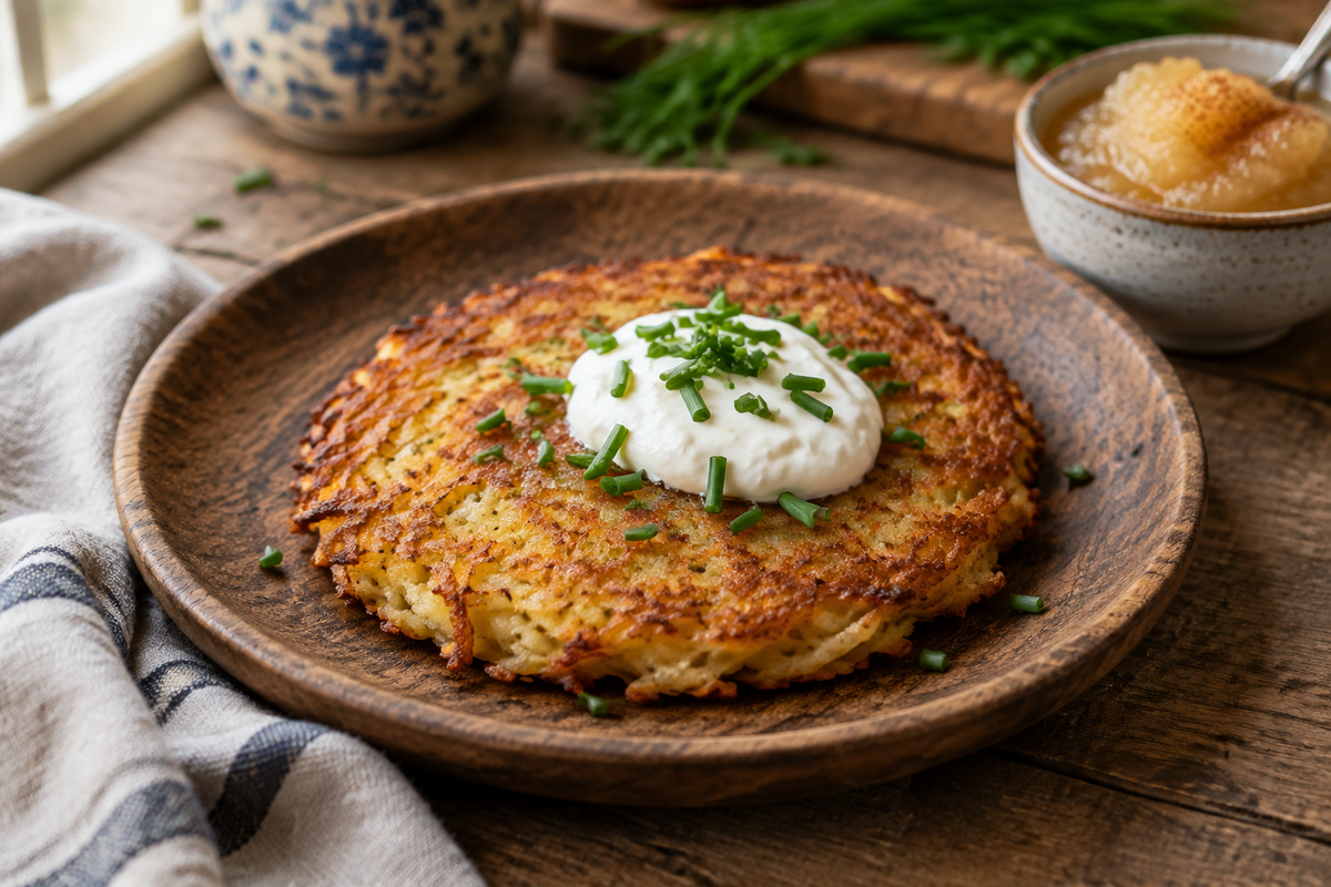 Golden crispy German potato pancakes garnished with sour cream and chives, showing the crisp texture