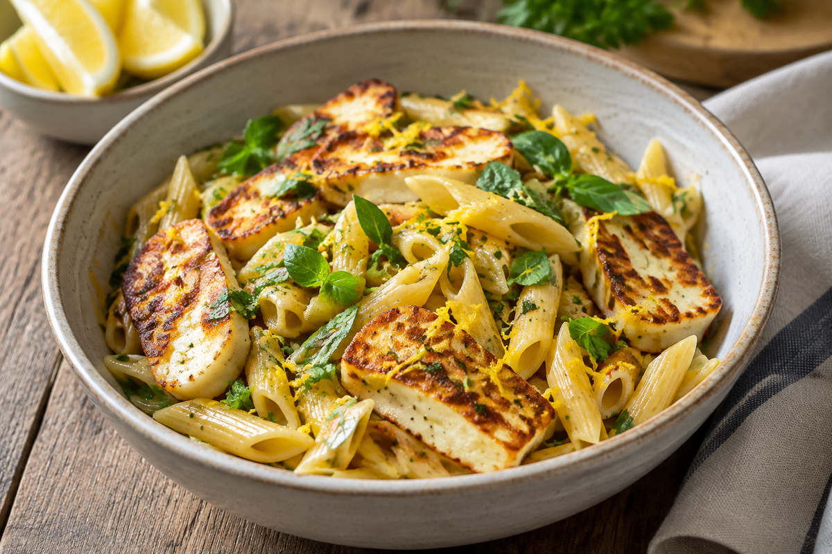 Crispy halloumi pasta with lemon zest garnished with fresh herbs on rustic table