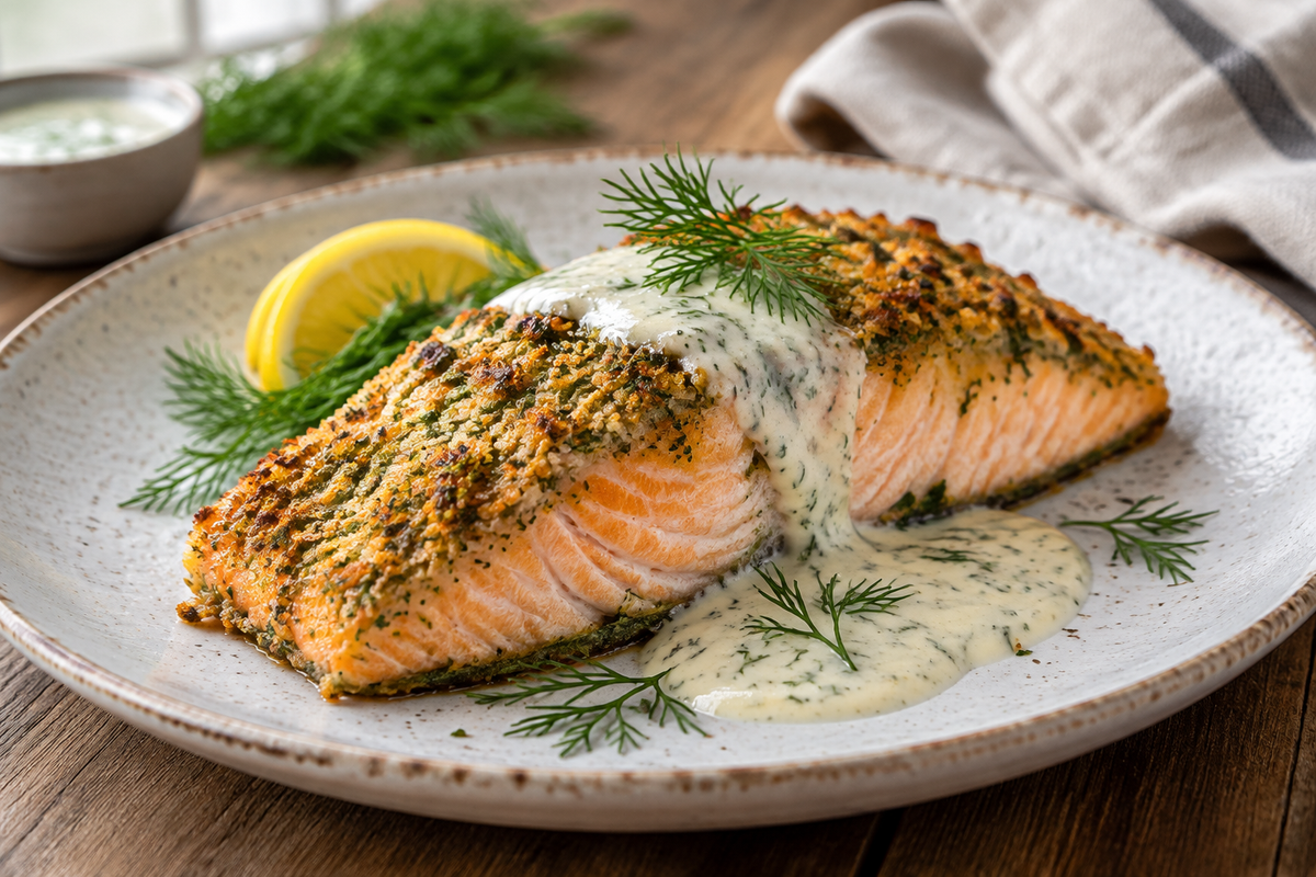 Herb-crusted salmon fillet with lemon dill sauce on a rustic plate, crispy herb-crusted salmon