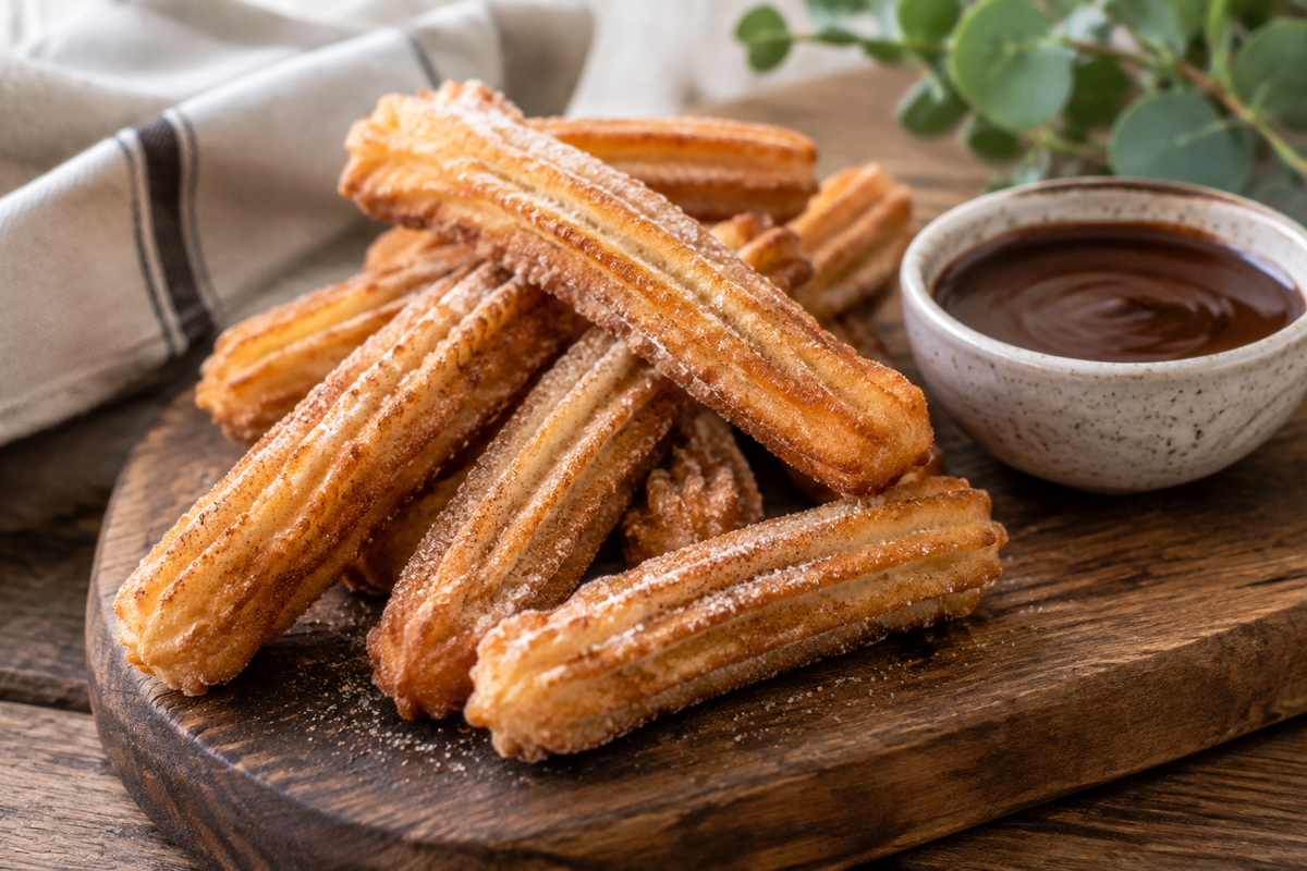Crispy homemade churros dusted with cinnamon sugar on a rustic board with chocolate dipping sauce
