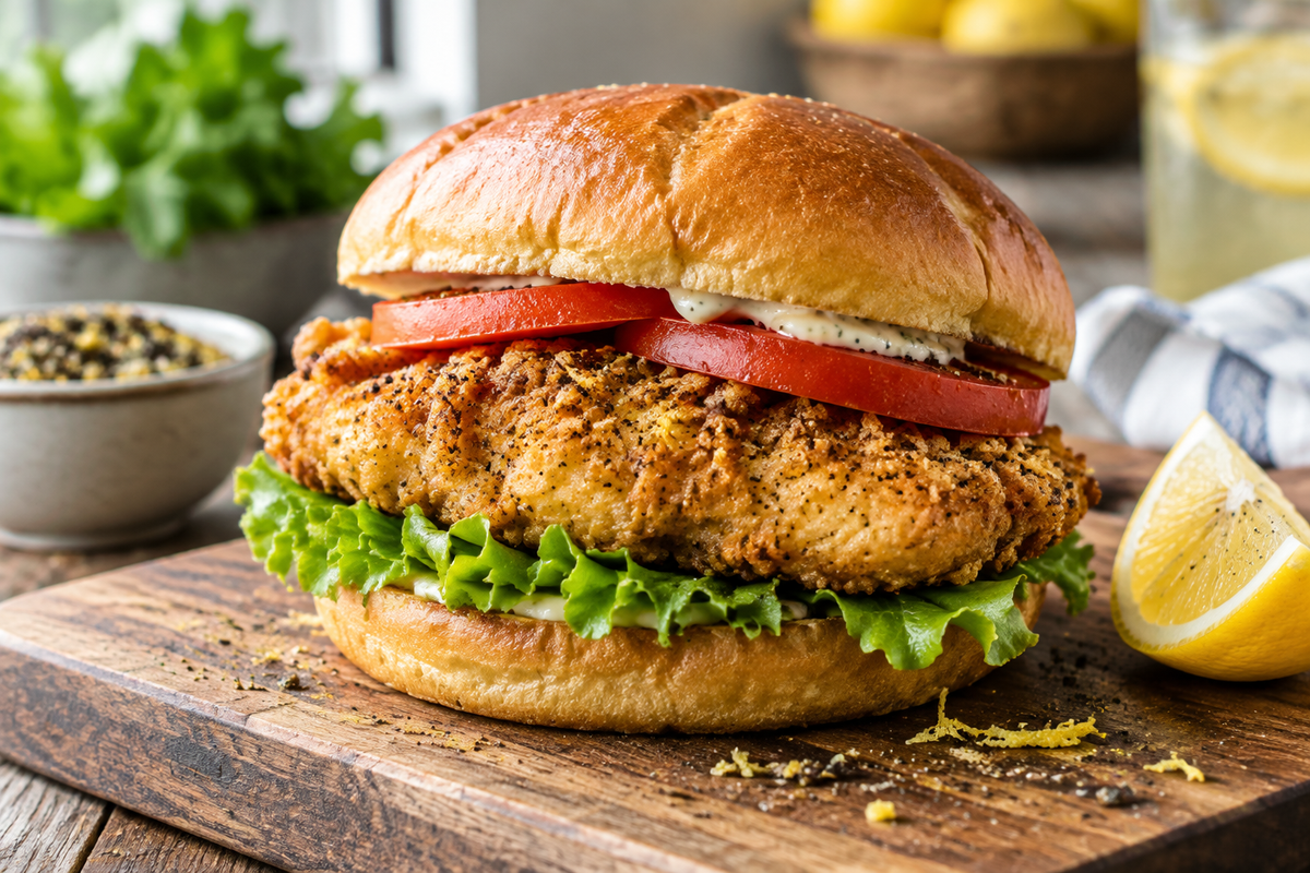 Crispy lemon pepper chicken sandwich with fresh lettuce and tomato on a rustic board