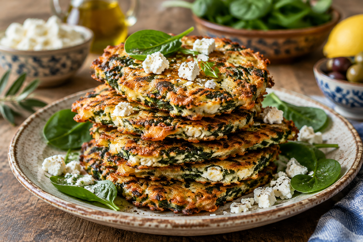 Golden crispy Mediterranean spinach feta crisps stacked on a plate with fresh spinach and feta garnish
