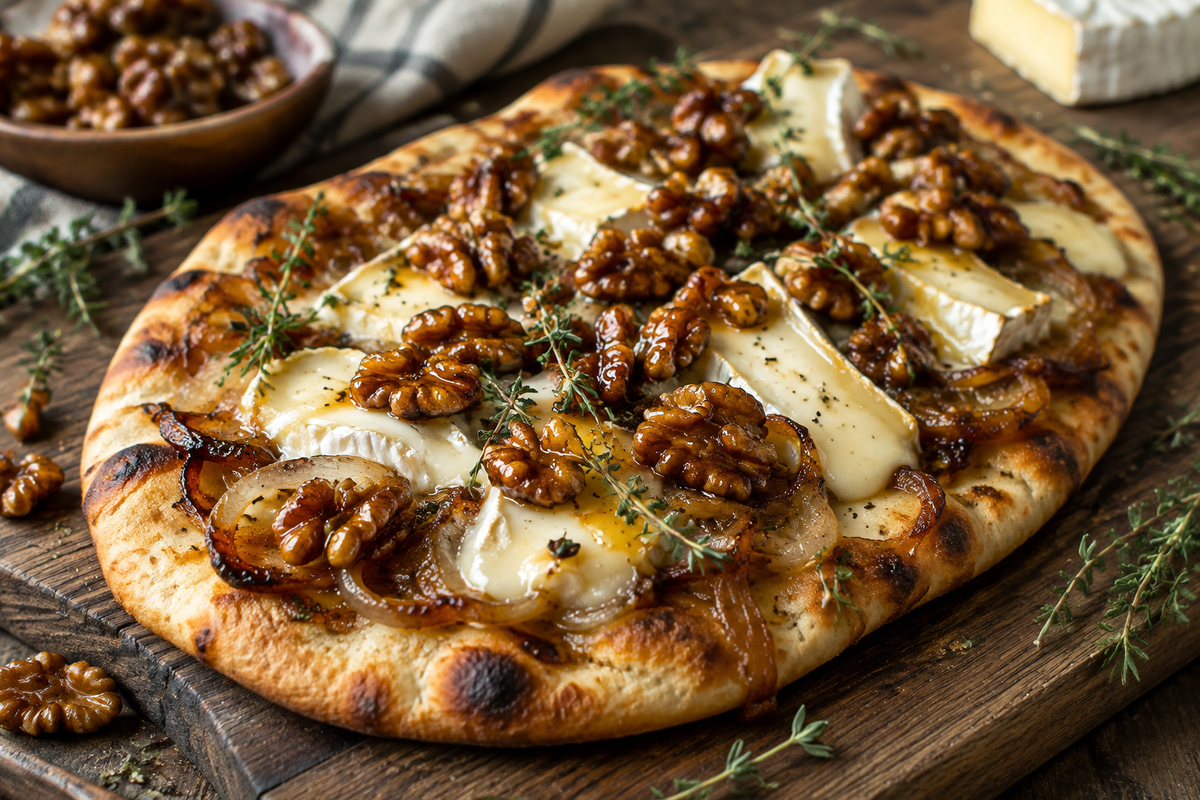 Crispy naan flatbread topped with caramelized onions, brie cheese, and maple walnuts