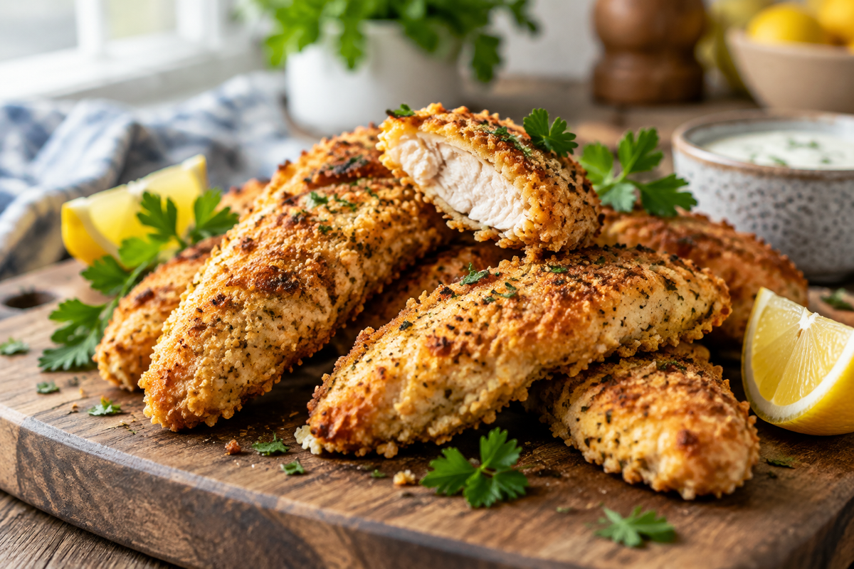 Golden crispy oven-baked chicken tenders garnished with parsley and lemon wedges on a rustic board