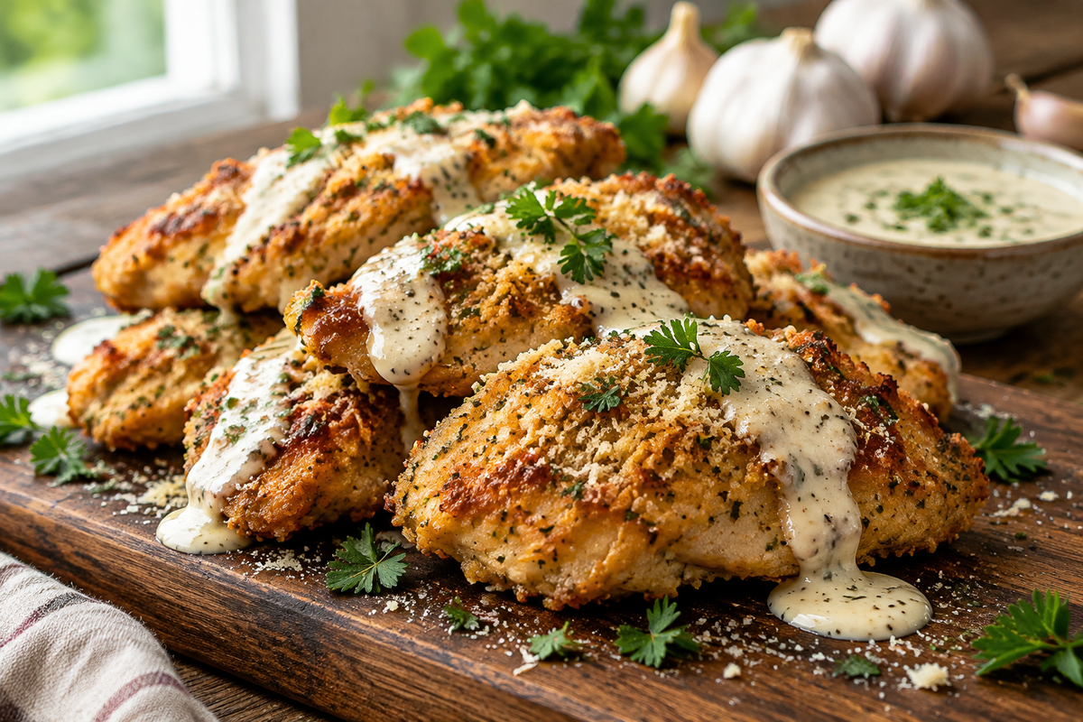 Crispy parmesan chicken served with rich garlic sauce and fresh parsley garnish on rustic board