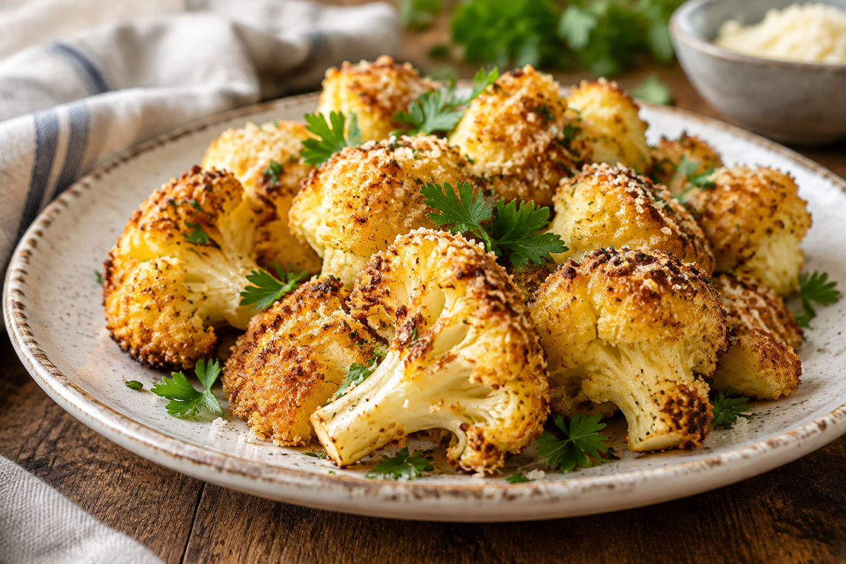 Golden crispy parmesan roasted cauliflower florets garnished with fresh parsley on a rustic plate