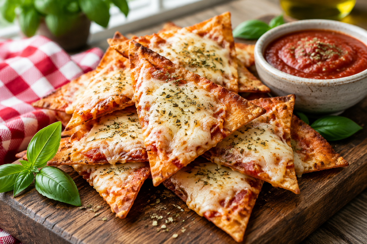 Crispy pizza chips stacked on wooden board with marinara sauce and basil, crispy pizza chips snack