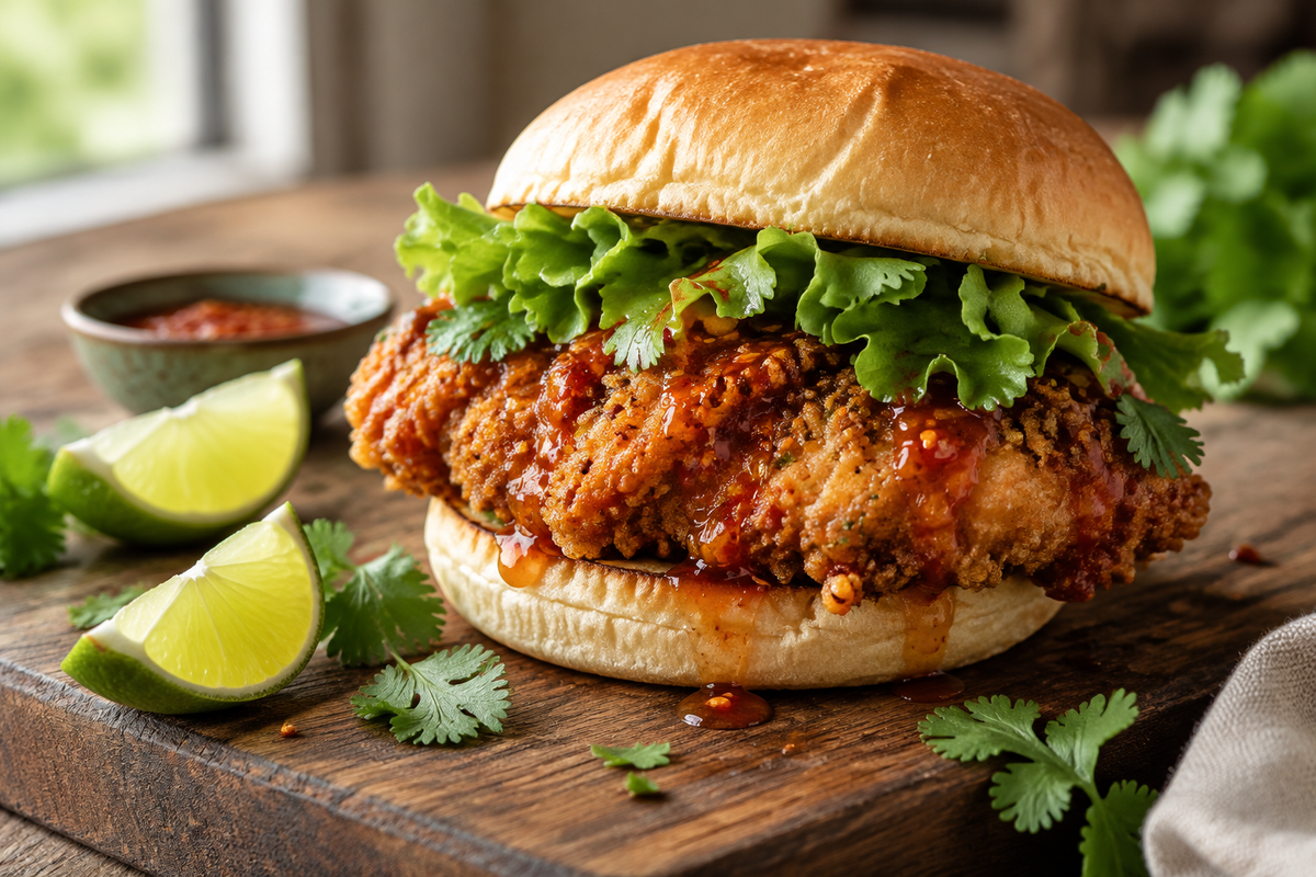 Crispy Thai fried chicken sandwich with sweet chili sauce and fresh greens on a bun