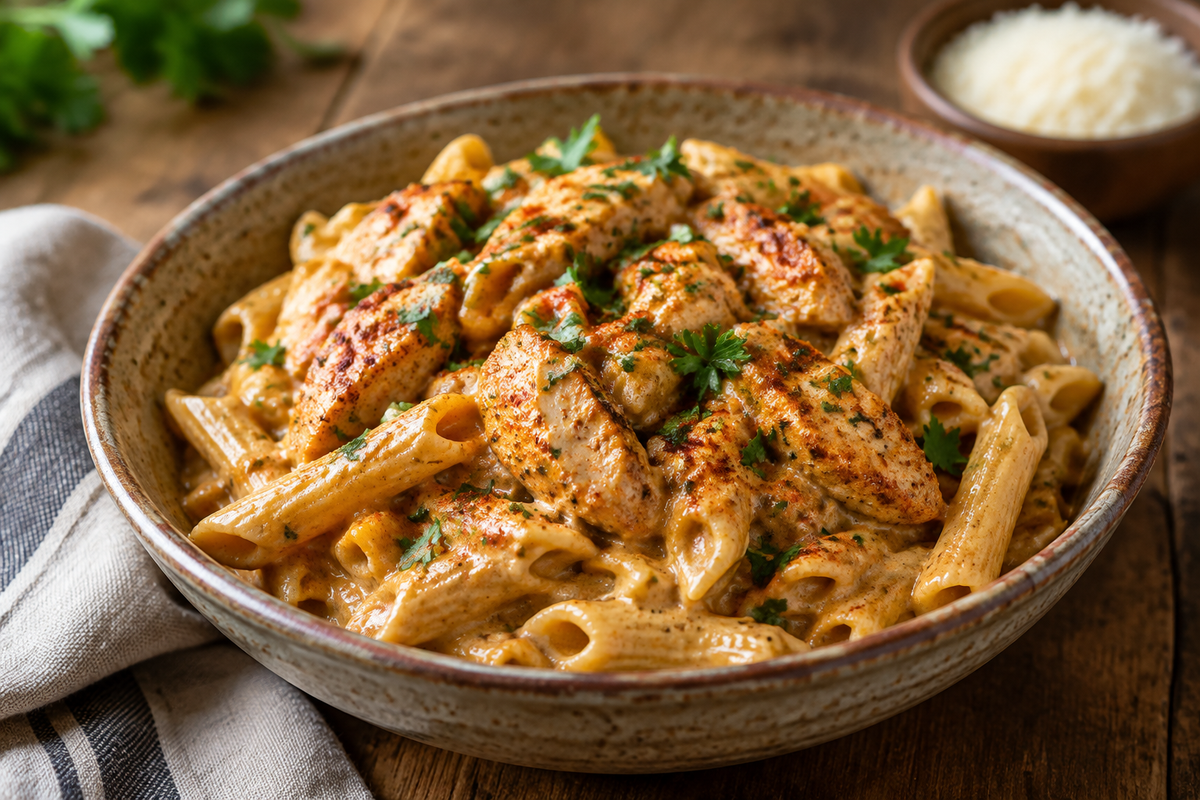 creamy cajun chicken pasta in a rustic bowl garnished with parsley and paprika