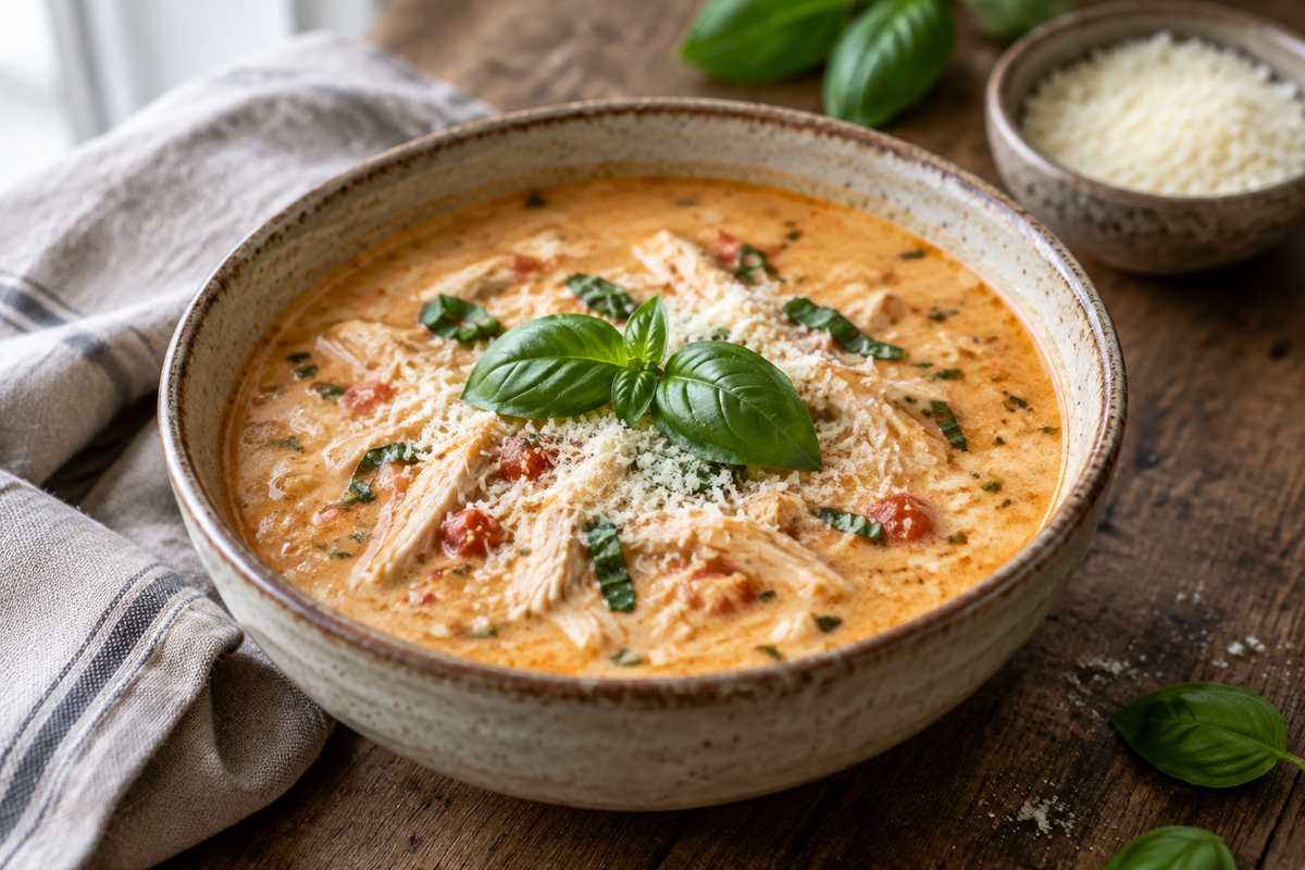 Bowl of creamy chicken parmesan soup garnished with basil and parmesan cheese, creamy chicken parmesan soup