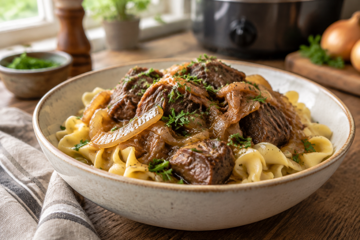 Crock pot French onion beef noodles in bowl with caramelized onions and fresh parsley garnish