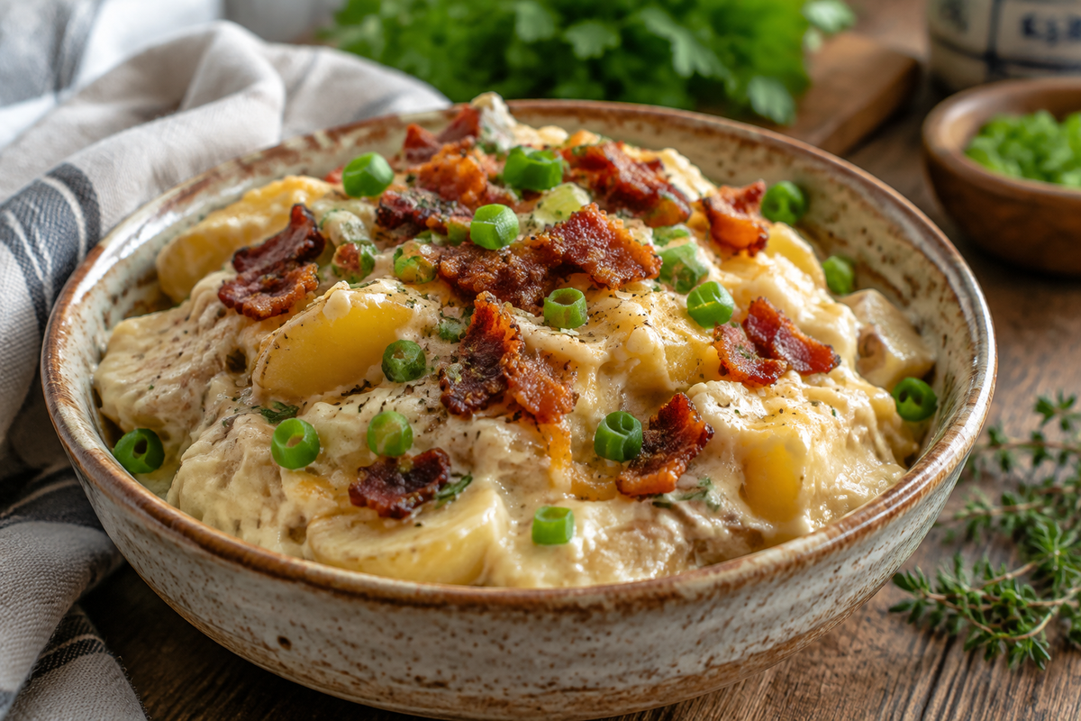 Creamy crock pot swamp potatoes garnished with green onions and bacon bits in a rustic bowl