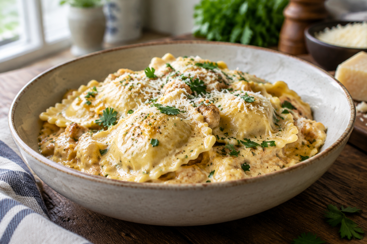 Creamy cheesy million dollar ravioli in a bowl garnished with parsley and parmesan, showcasing rich comfort food flavor