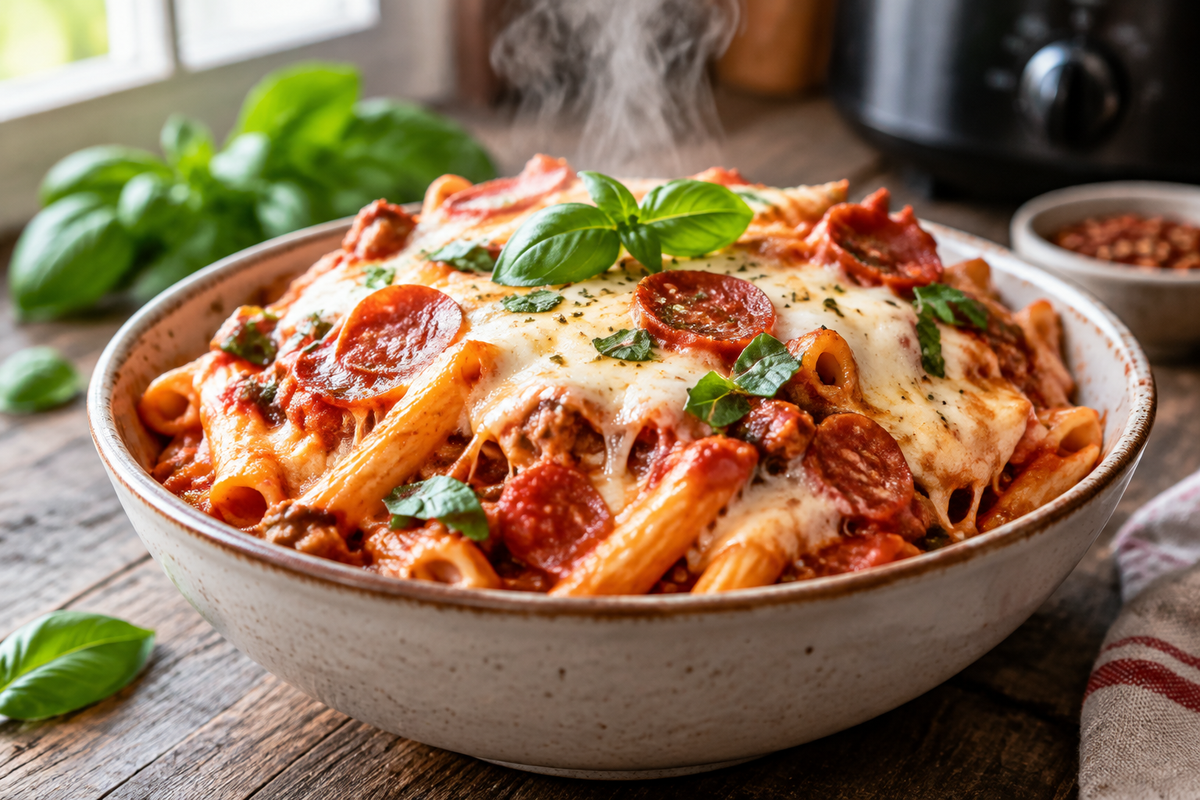 Crockpot pizza pasta in a bowl with melted cheese and fresh basil, showcasing crockpot pizza pasta