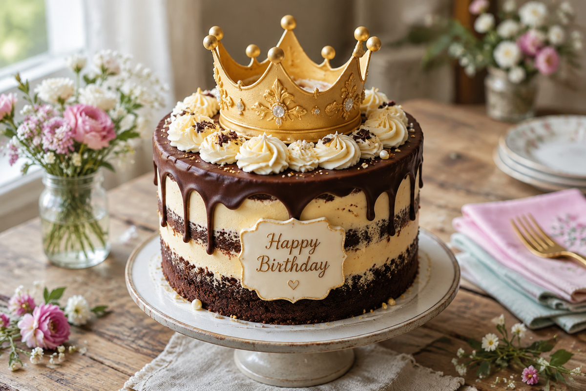Elegant crown birthday cake with chocolate twist and golden crown decoration