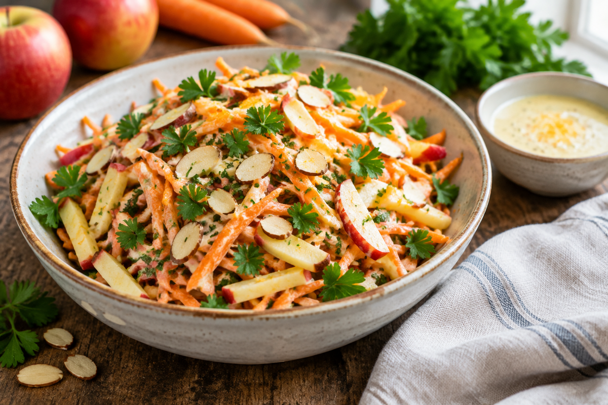 Crunchy apple carrot salad with creamy citrus dressing in a bowl garnished with parsley and almonds