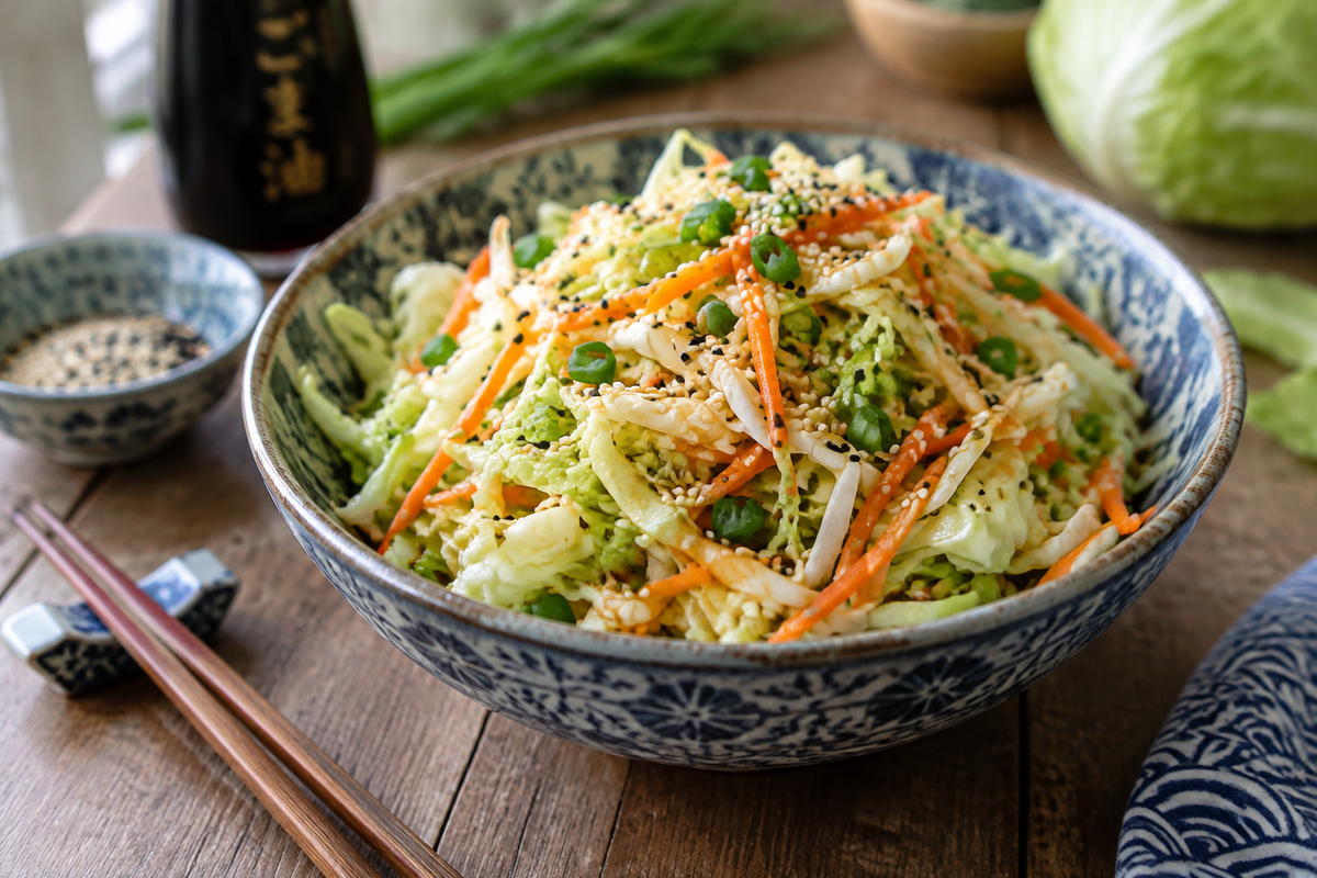 Crunchy Asian cabbage slaw with addictive sesame dressing served in a bowl, fresh and colorful Asian cabbage slaw
