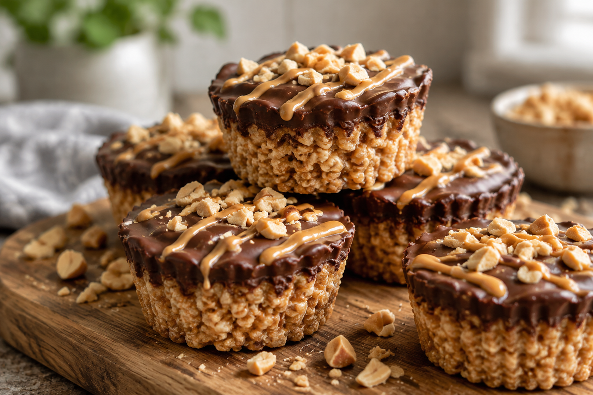 Crunchy chocolate peanut butter rice krispie cups stacked on a wooden board with chopped peanuts garnish