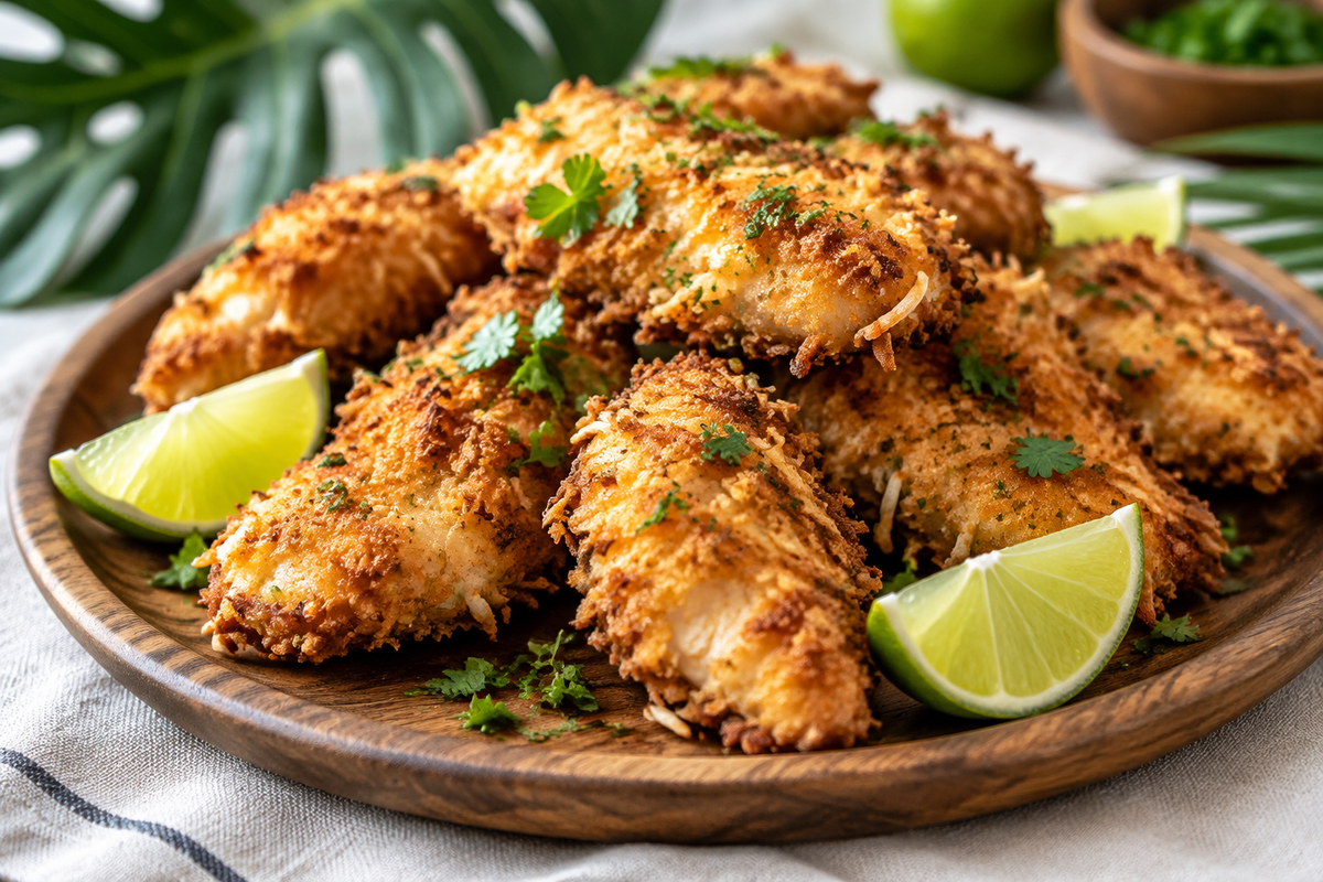 Golden crunchy coconut chicken pieces with crispy coating and garnishes, showcasing crunchy coconut chicken