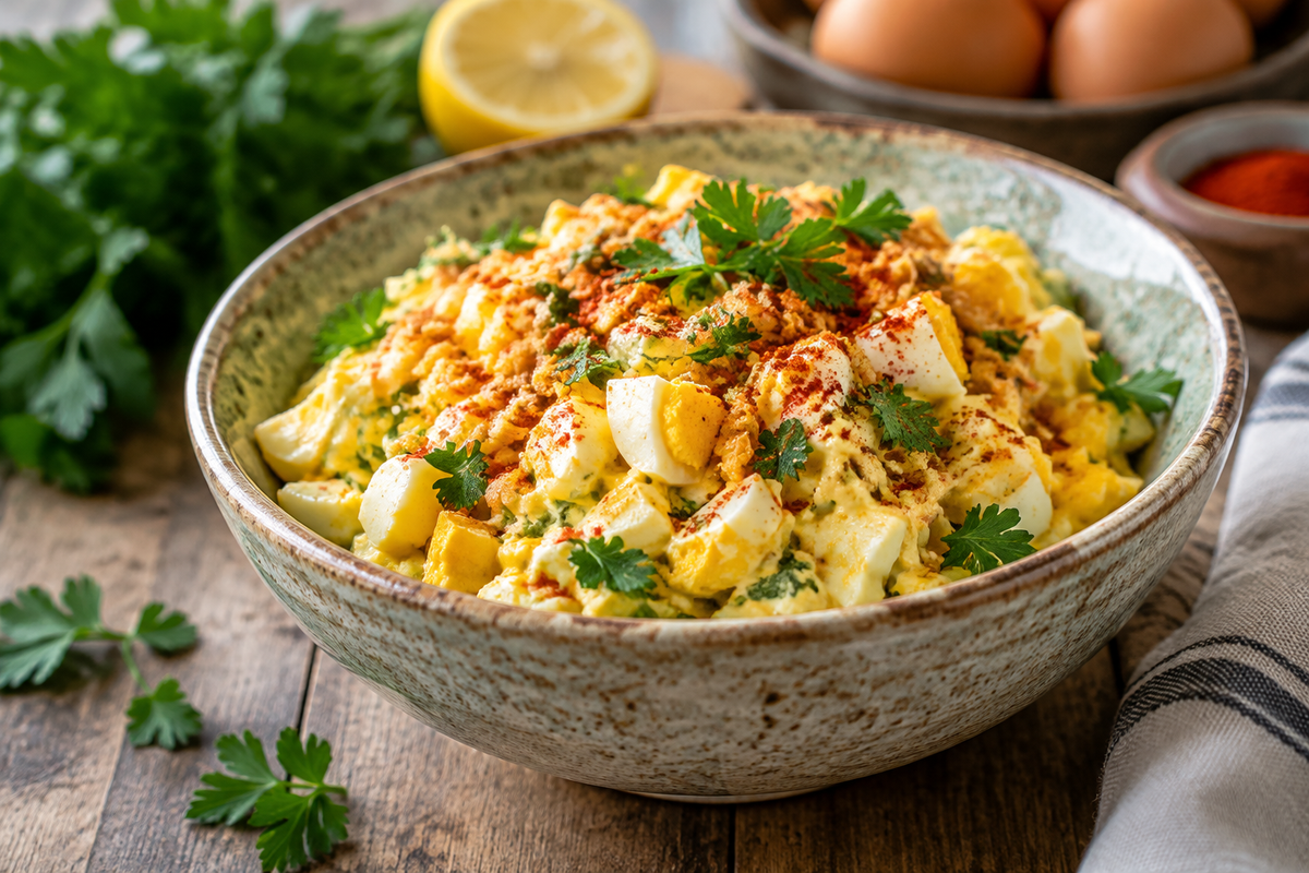 Zesty crispy egg salad in a rustic bowl garnished with parsley and paprika, showing crispy egg salad
