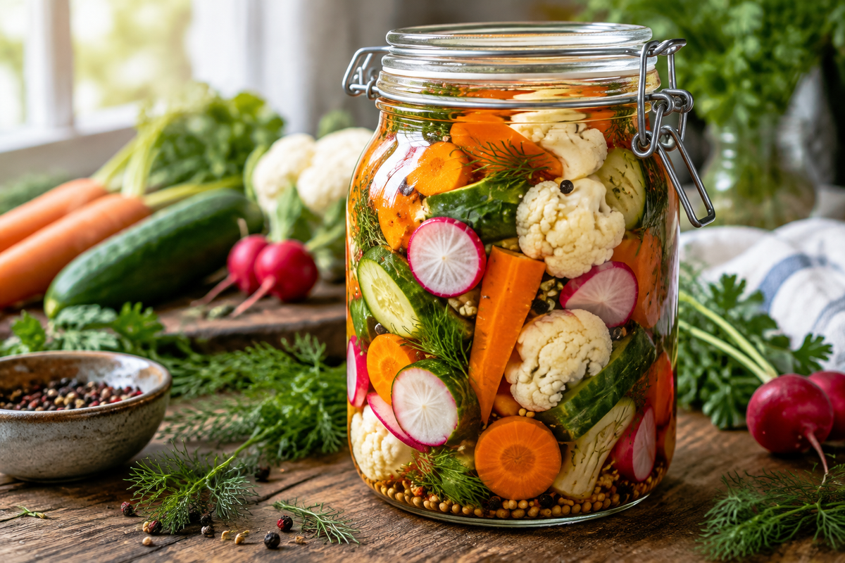 Jar of crunchy tangy refrigerator pickled vegetables with vibrant colors and crisp texture