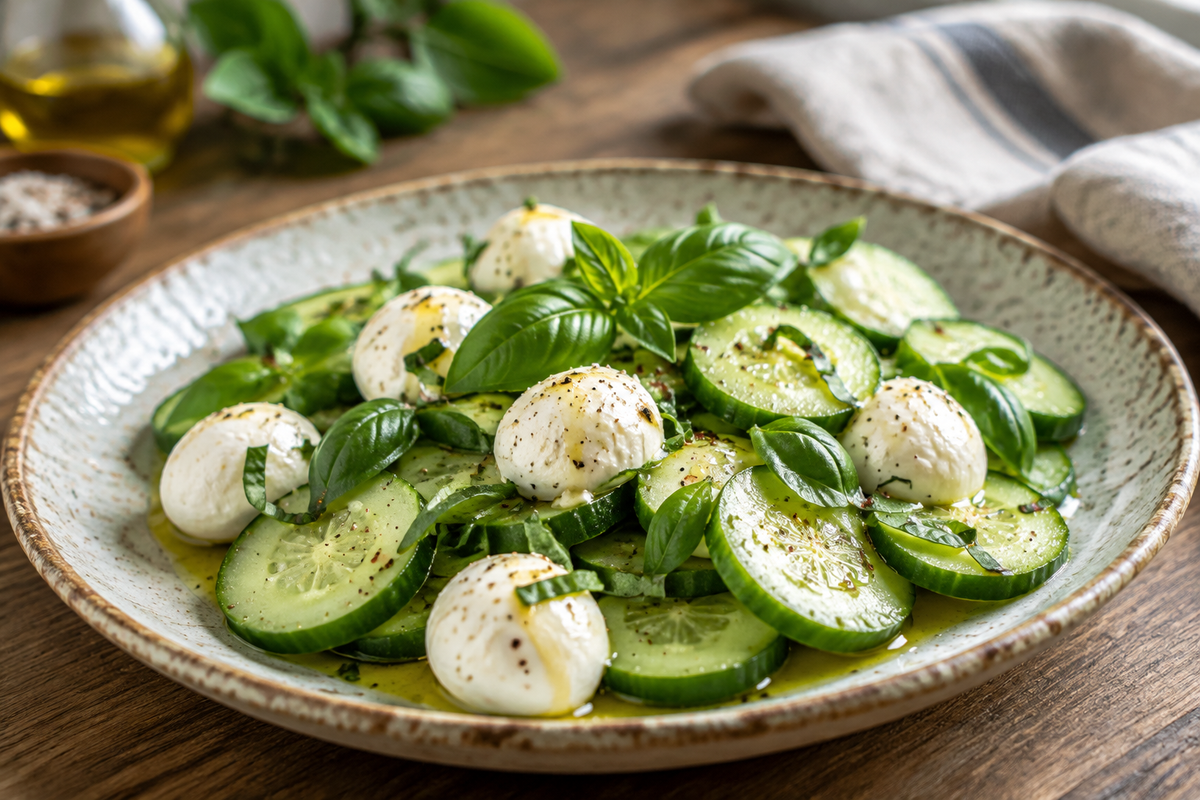 Crisp cucumber mozzarella salad with fresh basil and olive oil, showcasing the cucumber mozzarella salad