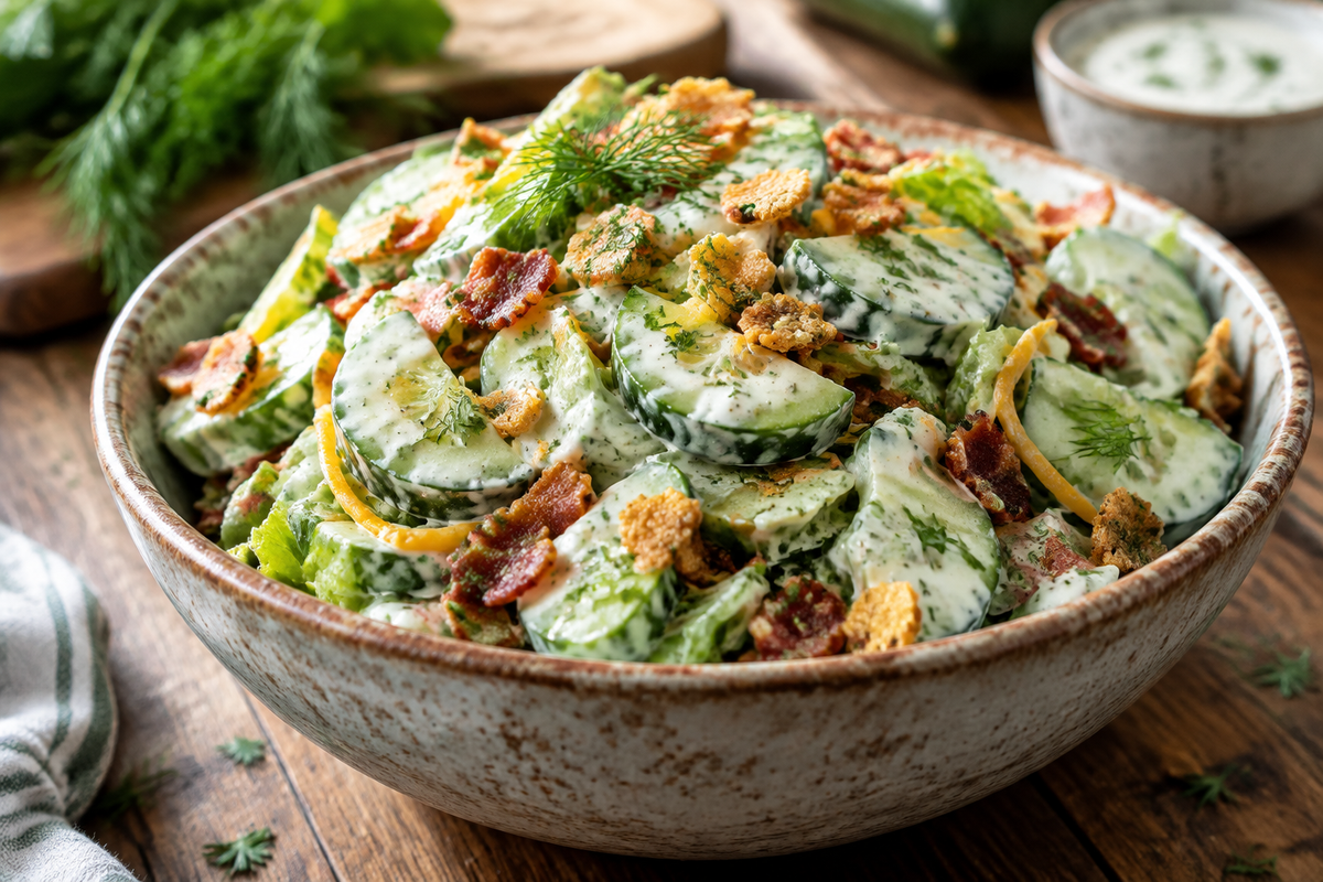 Fresh cucumber ranch crack salad with creamy dressing and crunchy toppings in a rustic bowl