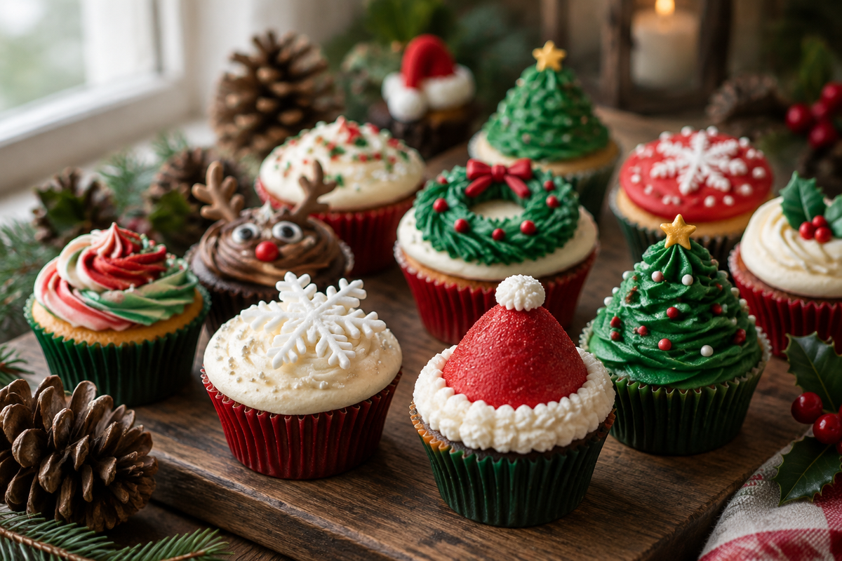 Assortment of cutest Christmas cupcakes decorated with festive holiday designs and frosting